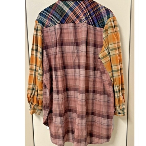 Reworked/upcycled flannel shirt Natural Life Shacket L XL Womens Blue Yellow - Picture 2 of 10